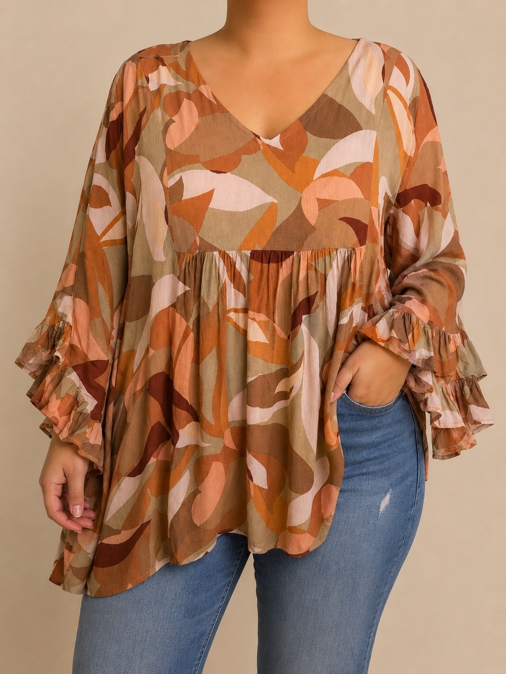 NWT Impressions 3X Abstract Floral Boho Blouse Ruffle Sleeve